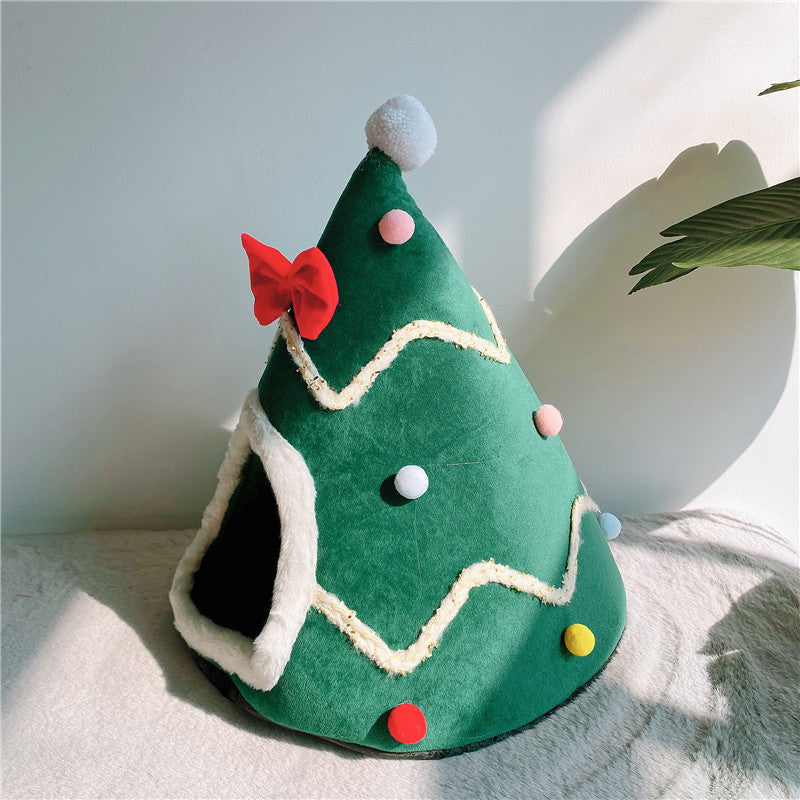 Christmas Cat Bed Warm Winter Pet Den with Bow Tie for Indoor Cats and Small Dogs