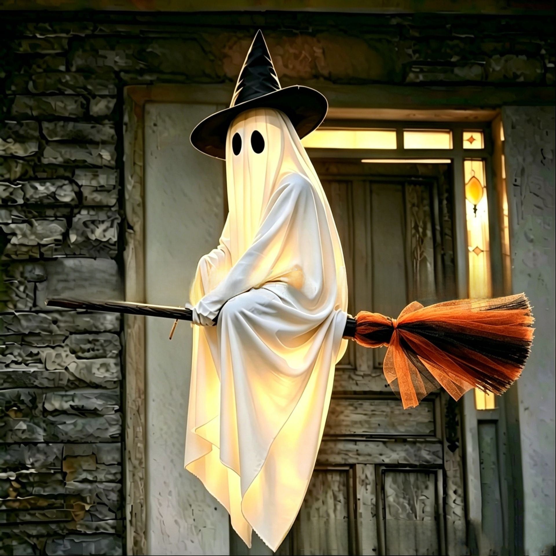 Lighted Ghost Halloween Decoration Outdoor Flying Broom Witch Hanging Yard Decor