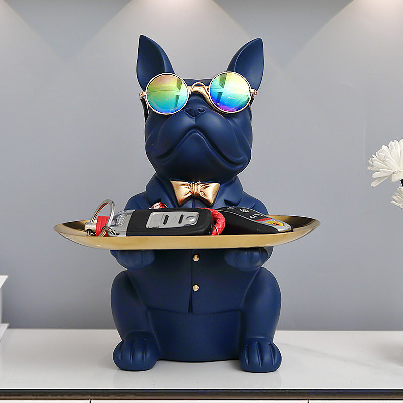 French Bulldog Statue with Tray Resin Dog Figurine Key Bowl for Entryway and Desk